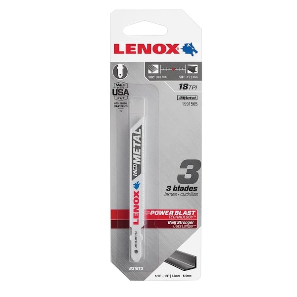 Lenox 3-5/8 in. Bi-Metal T-Shank Medium Metal Jig Saw Blade 18 TPI 3 pk 1991565 - main